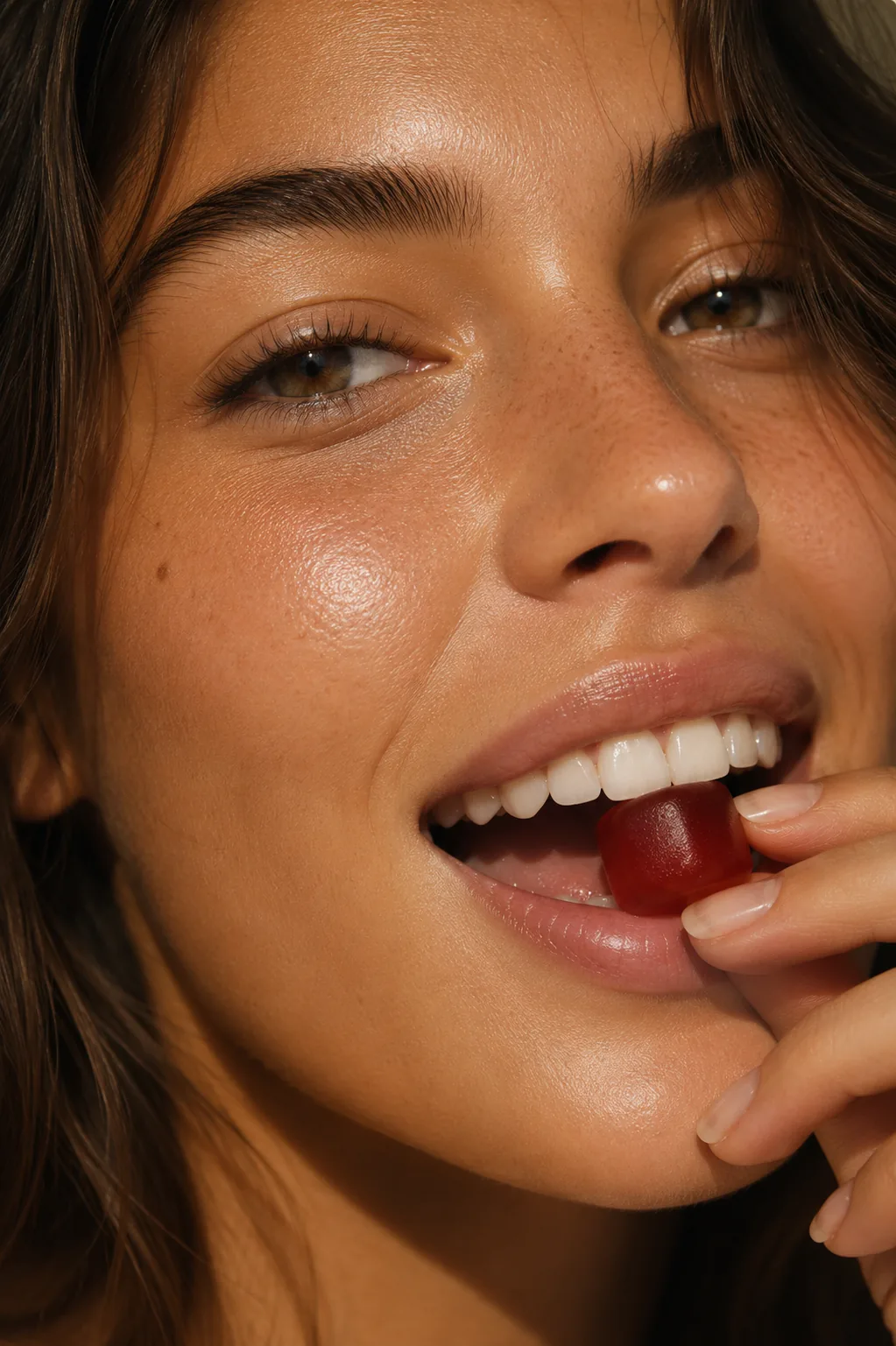 Woman enjoying a delicious Beauty Gummy