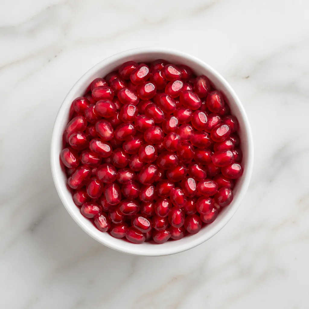 Pomegranate seeds in a white bowl
