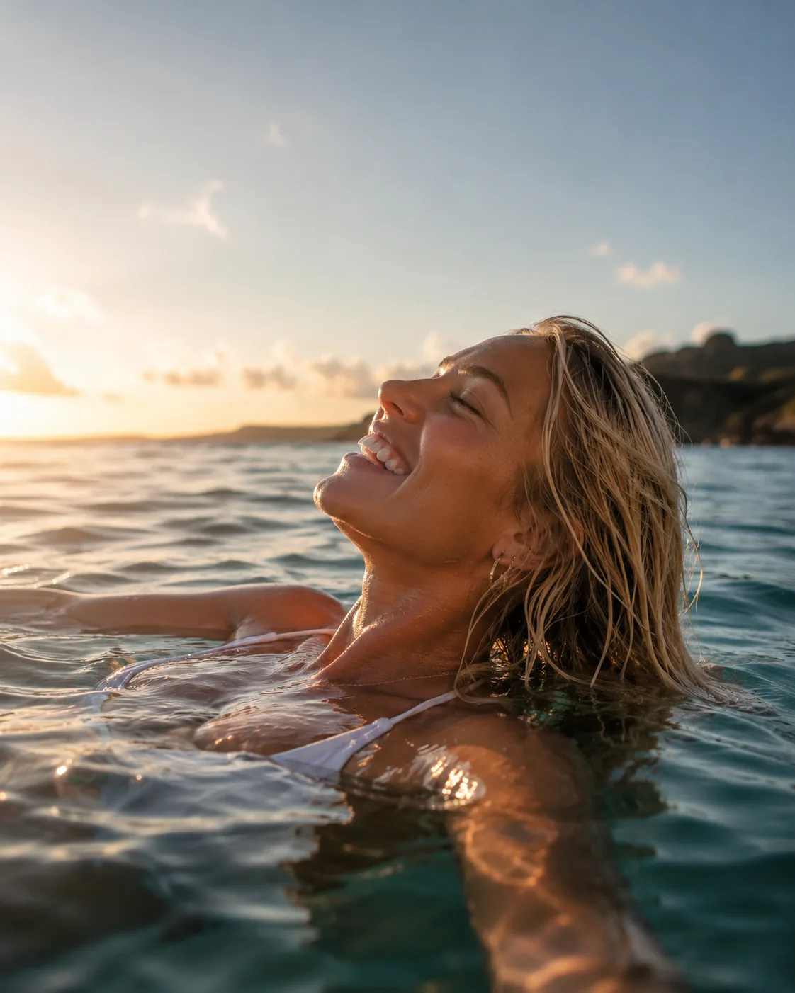 Woman relaxing in ocean water at sunset with radiant, healthy skin