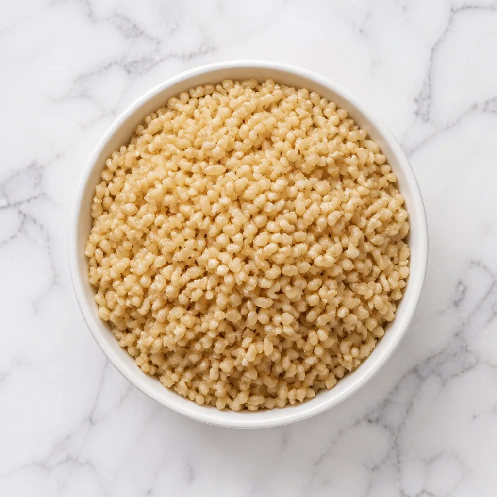 Cooked brown rice in a white bowl